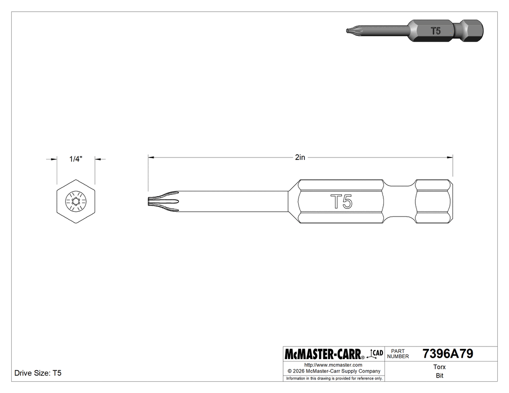 Technical Drawing of Torx Bit, 1/4" Hex Shank for Power Tools, T5 Size, 2" Overall Length .